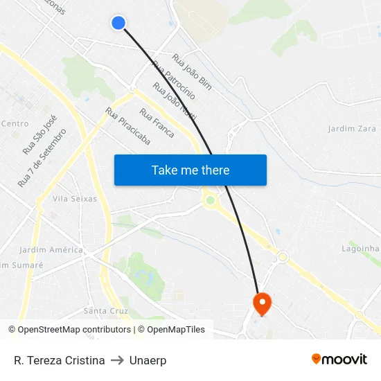 R. Tereza Cristina to Unaerp map