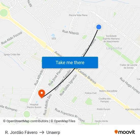 R. Jordão Fávero to Unaerp map