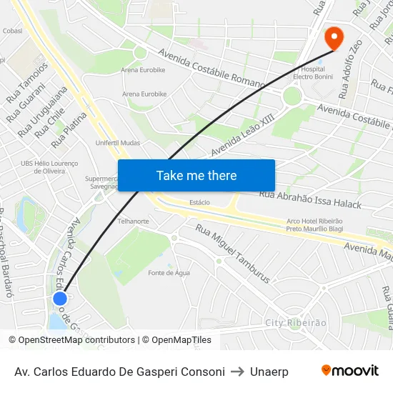 Av. Carlos Eduardo De Gasperi Consoni to Unaerp map