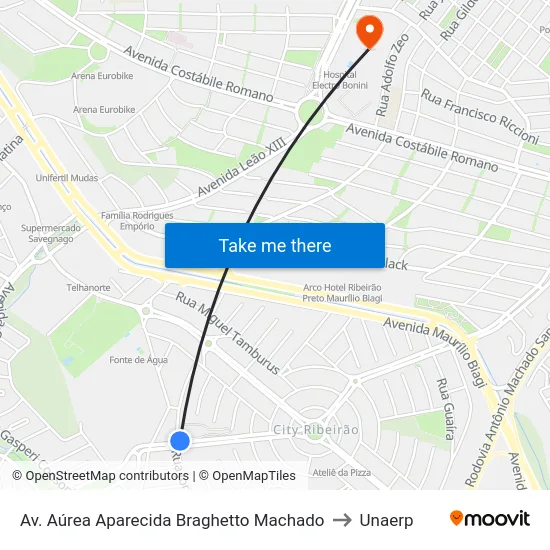 Av. Aúrea Aparecida Braghetto Machado to Unaerp map