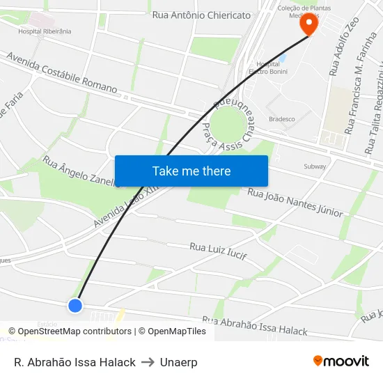 R. Abrahão Issa Halack to Unaerp map