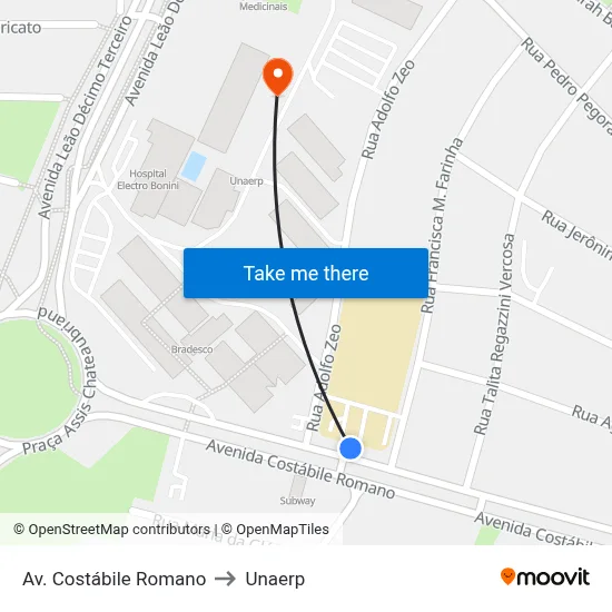 Av. Costábile Romano to Unaerp map
