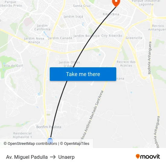 Av. Miguel Padulla to Unaerp map