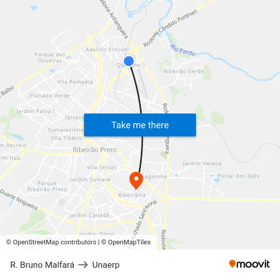 R. Bruno Malfará to Unaerp map