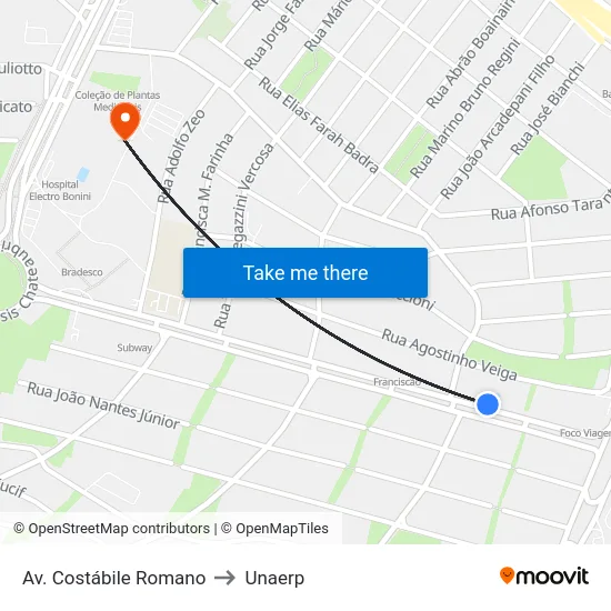Av. Costábile Romano to Unaerp map