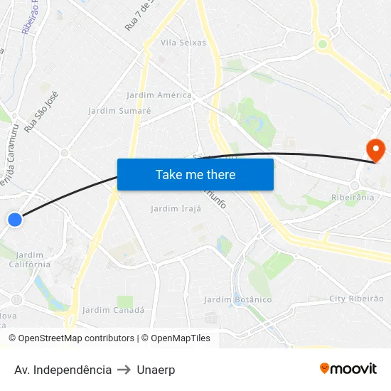 Av. Independência to Unaerp map