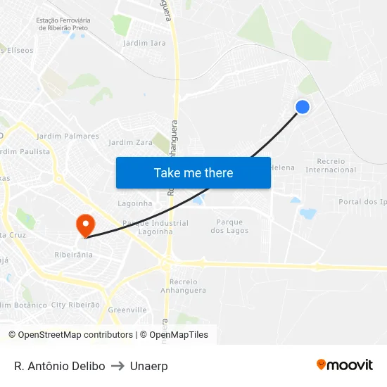 R. Antônio Delibo to Unaerp map