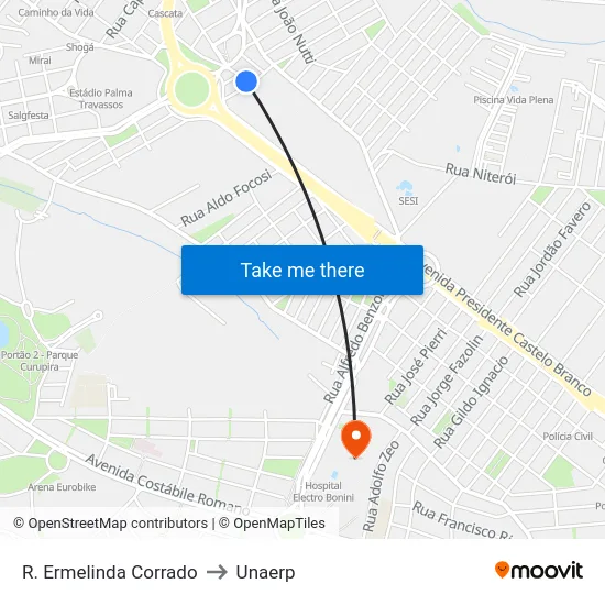 R. Ermelinda Corrado to Unaerp map