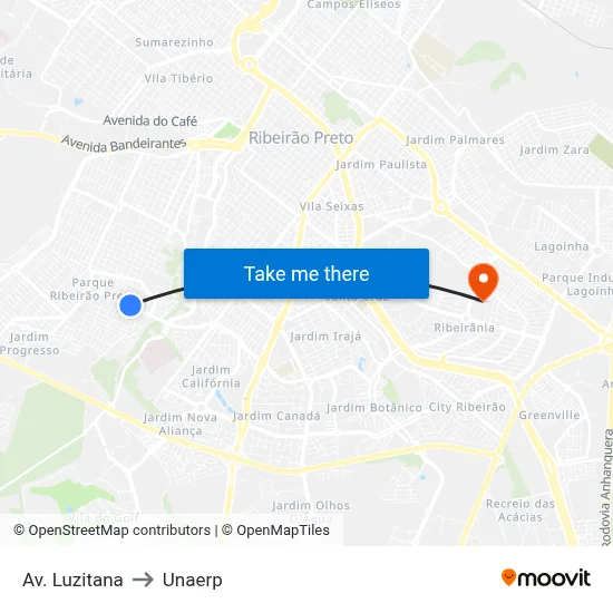Av. Luzitana to Unaerp map