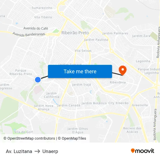 Av. Luzitana to Unaerp map