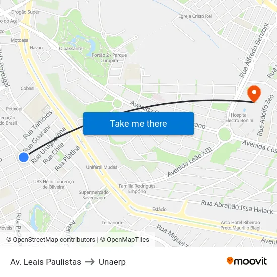 Av. Leais Paulistas to Unaerp map