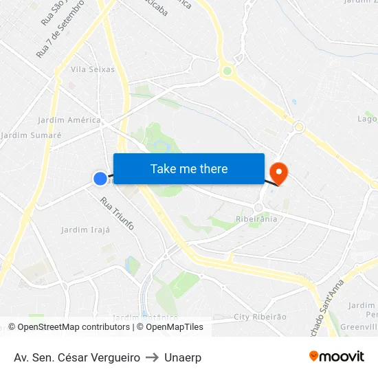 Av. Sen. César Vergueiro to Unaerp map