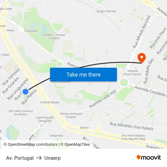 Av. Portugal to Unaerp map