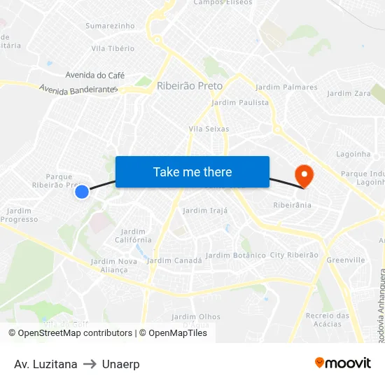 Av. Luzitana to Unaerp map