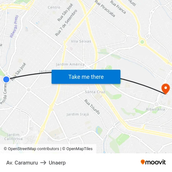 Av. Caramuru to Unaerp map