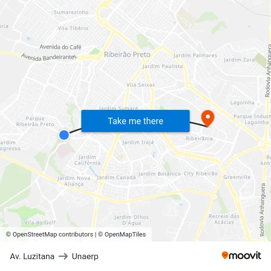 Av. Luzitana to Unaerp map
