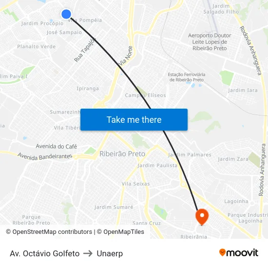 Av. Octávio Golfeto to Unaerp map