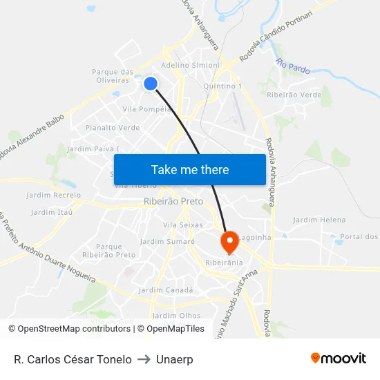 R. Carlos César Tonelo to Unaerp map