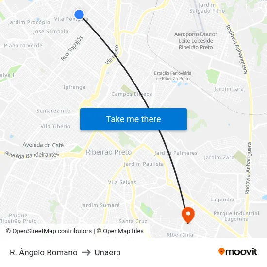 R. Ângelo Romano to Unaerp map