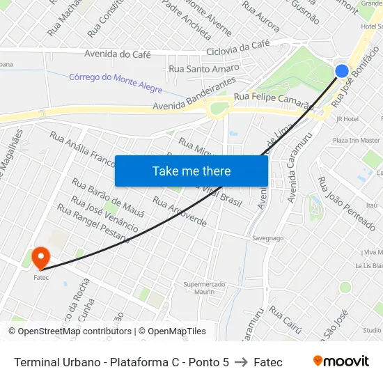 Terminal Urbano - Plataforma C - Ponto 5 to Fatec map