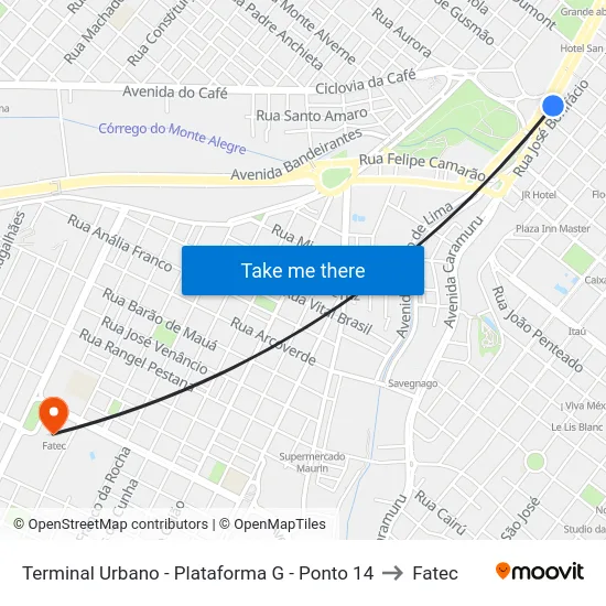 Terminal Urbano - Plataforma G - Ponto 14 to Fatec map