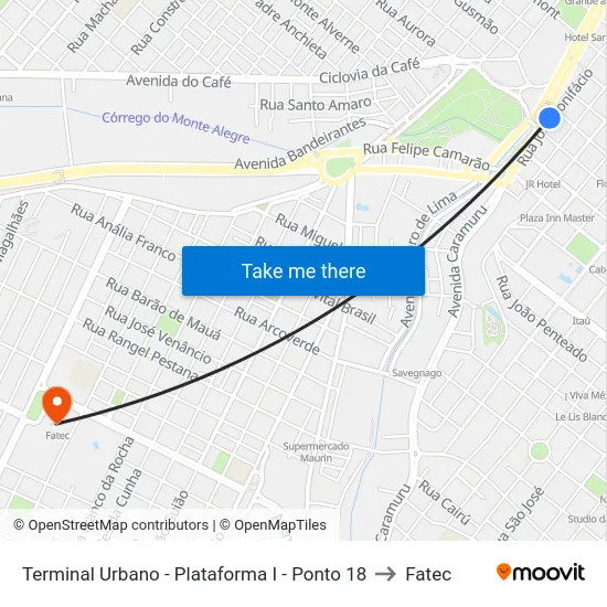 Terminal Urbano - Plataforma I - Ponto 18 to Fatec map