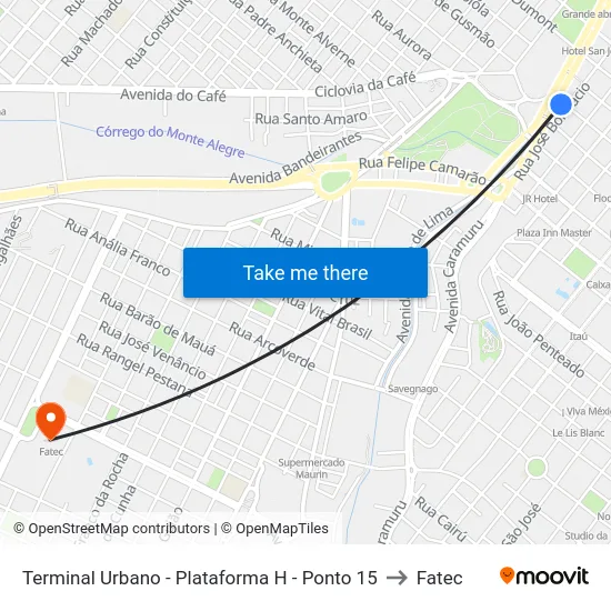 Terminal Urbano - Plataforma H - Ponto 15 to Fatec map