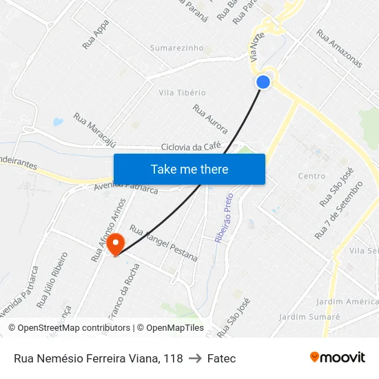 Rua Nemésio Ferreira Viana, 118 to Fatec map