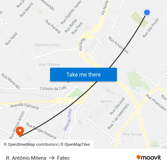 R. Antônio Milena to Fatec map