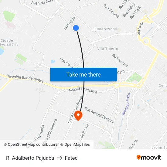 R. Adalberto Pajuaba to Fatec map