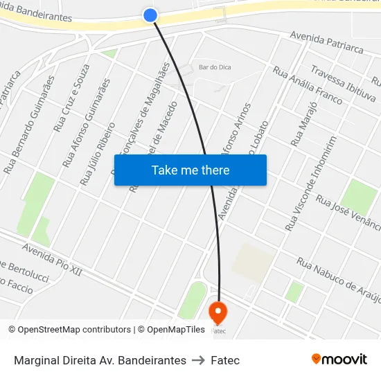 Marginal Direita Av. Bandeirantes to Fatec map