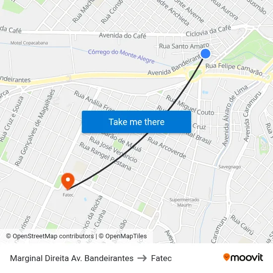 Marginal Direita Av. Bandeirantes to Fatec map