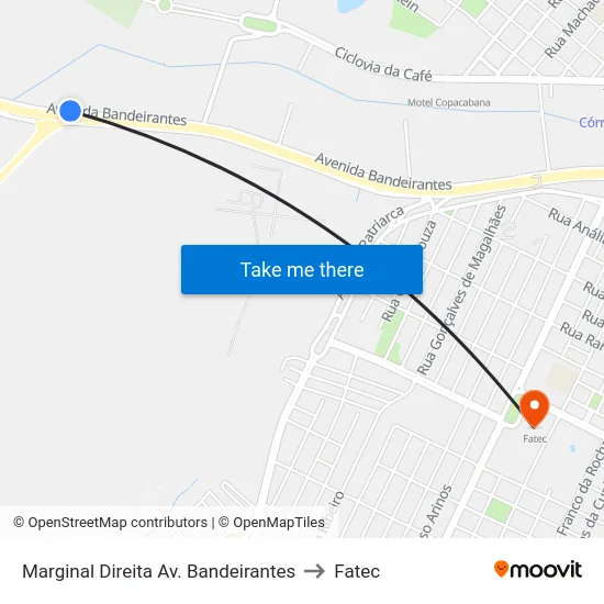 Marginal Direita Av. Bandeirantes to Fatec map