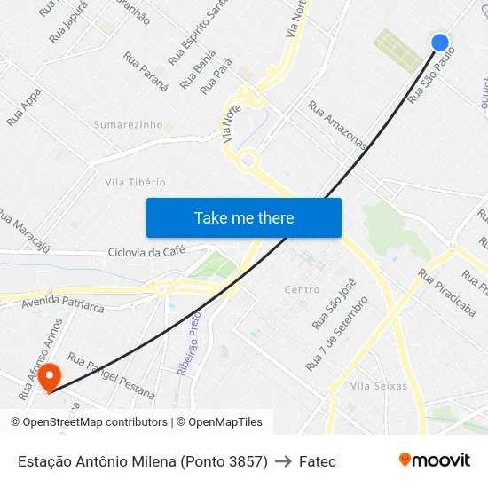 Estação Antônio Milena (Ponto 3857) to Fatec map