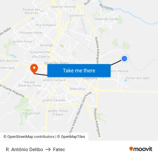 R. Antônio Delibo to Fatec map