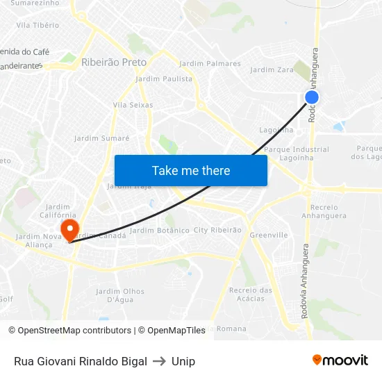 Rua  Giovani Rinaldo Bigal to Unip map