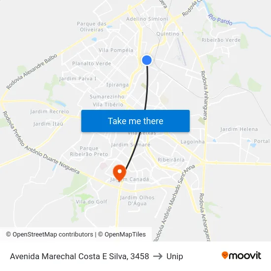 Avenida Marechal Costa E Silva, 3458 to Unip map