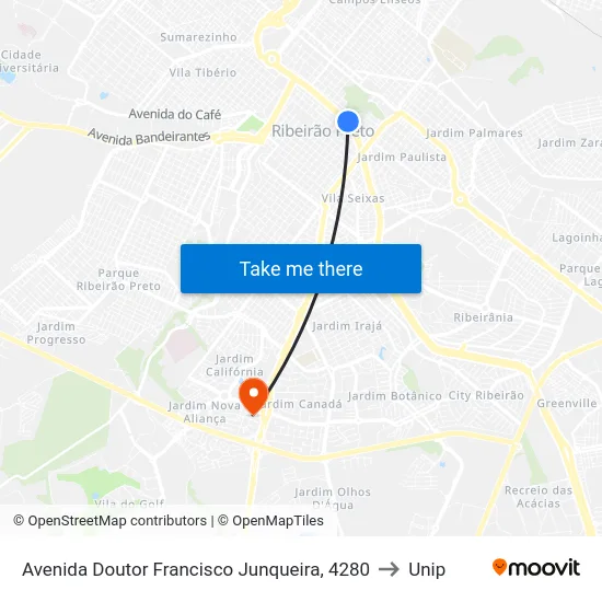 Avenida Doutor Francisco Junqueira, 4280 to Unip map