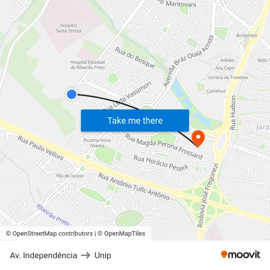 Av. Independência to Unip map