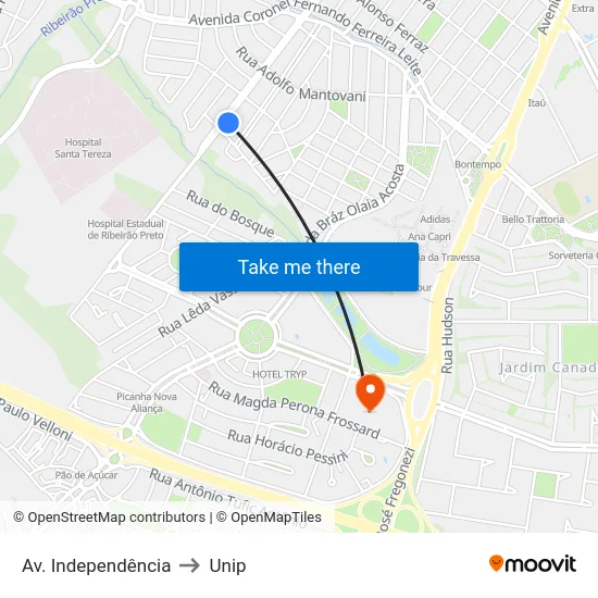 Av. Independência to Unip map