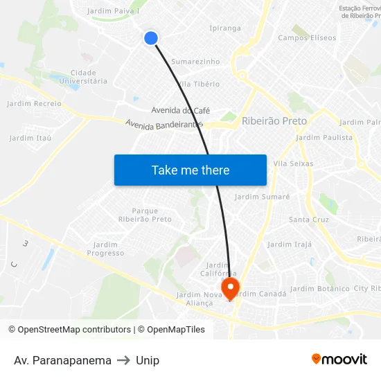 Av. Paranapanema to Unip map