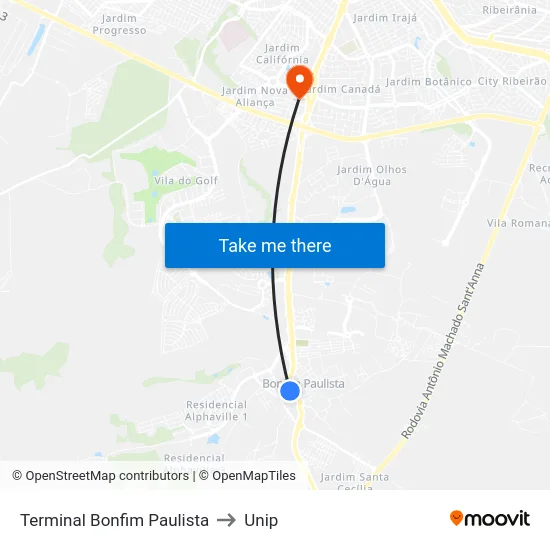 Terminal Bonfim Paulista to Unip map