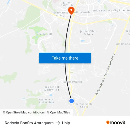 Rodovia Bonfim-Araraquara to Unip map