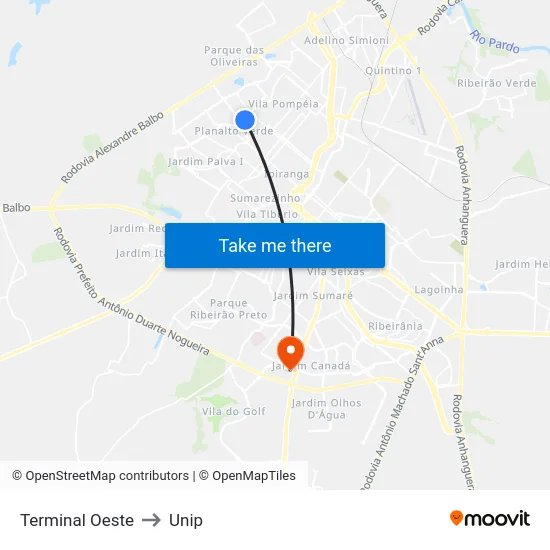 Terminal Oeste to Unip map
