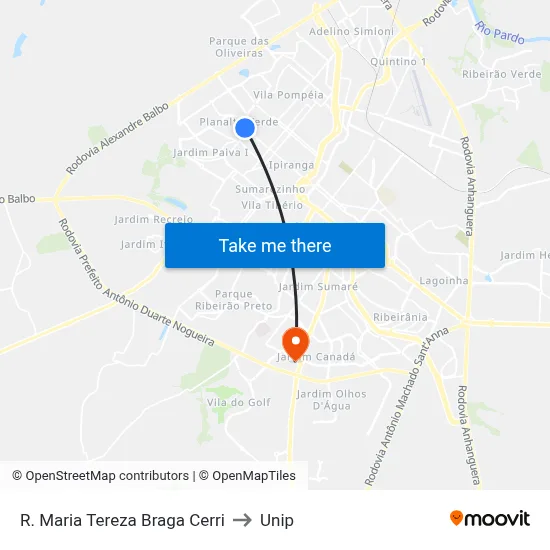 R. Maria Tereza Braga Cerri to Unip map