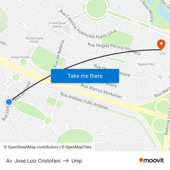 Av. José Luiz Cristófani to Unip map