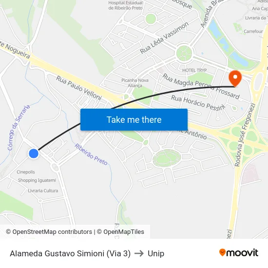 Alameda Gustavo Simioni (Via 3) to Unip map