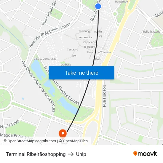 Terminal Ribeirãoshopping to Unip map
