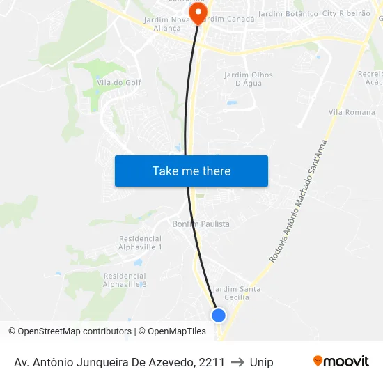 Av. Antônio Junqueira De Azevedo, 2211 to Unip map