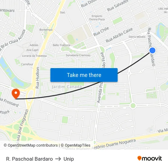 R. Paschoal Bardaro to Unip map